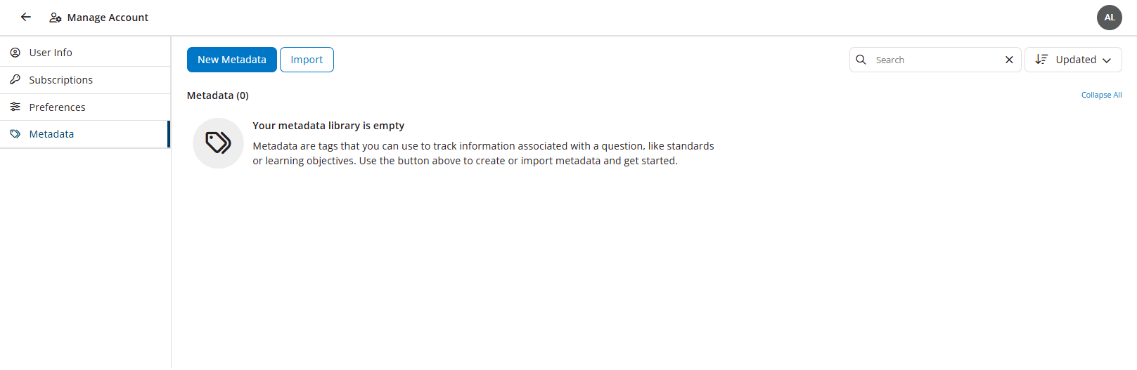 Metadata tab of Account Settings showing no exisiting metadata