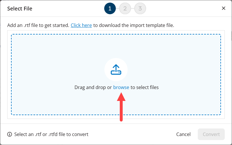 Select RTF Import modal as described