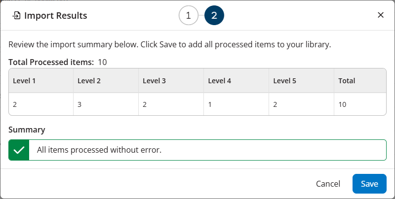 Metadata Import Results modal showing the total processed items with no errors