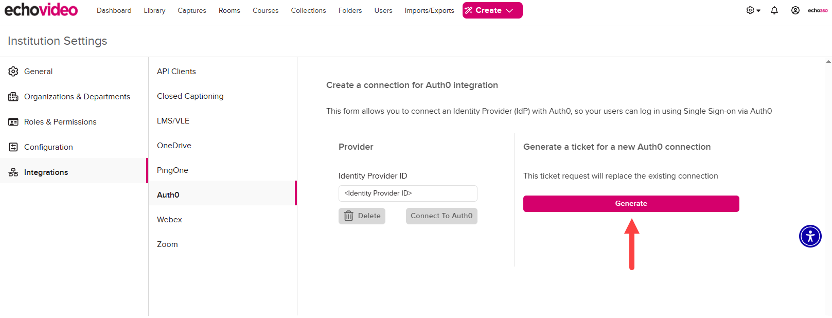 Auth0 integration page with Generate button identified as described