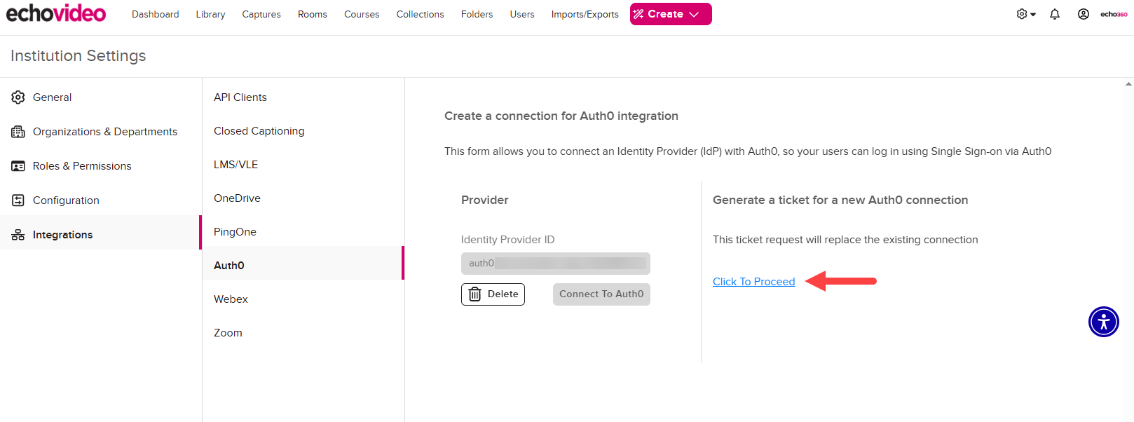 Showing the Identity Provider ID box populated and the Click To Proceed button identified as described