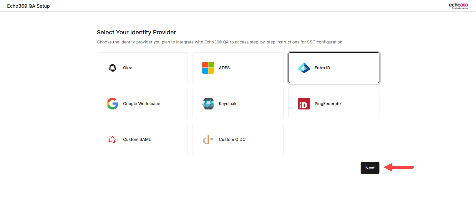 List of identitiy providers with one selected and the Next button identified as described