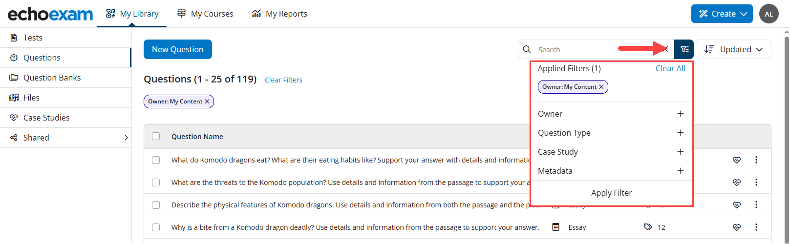 Faceted Filter identified and menu options displayed
