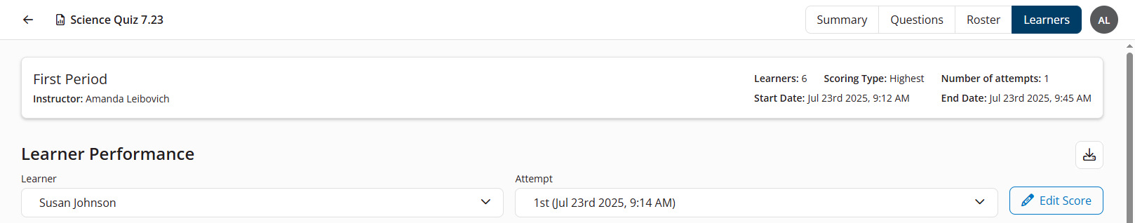 The Learner and Attempt filters on the Learners tab of the Instructor Exam Summary report