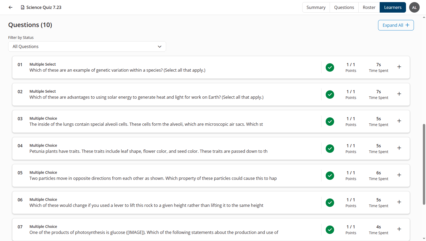 Questions on the Learners tab of the Instructor Exam Summary report showing collasped questions