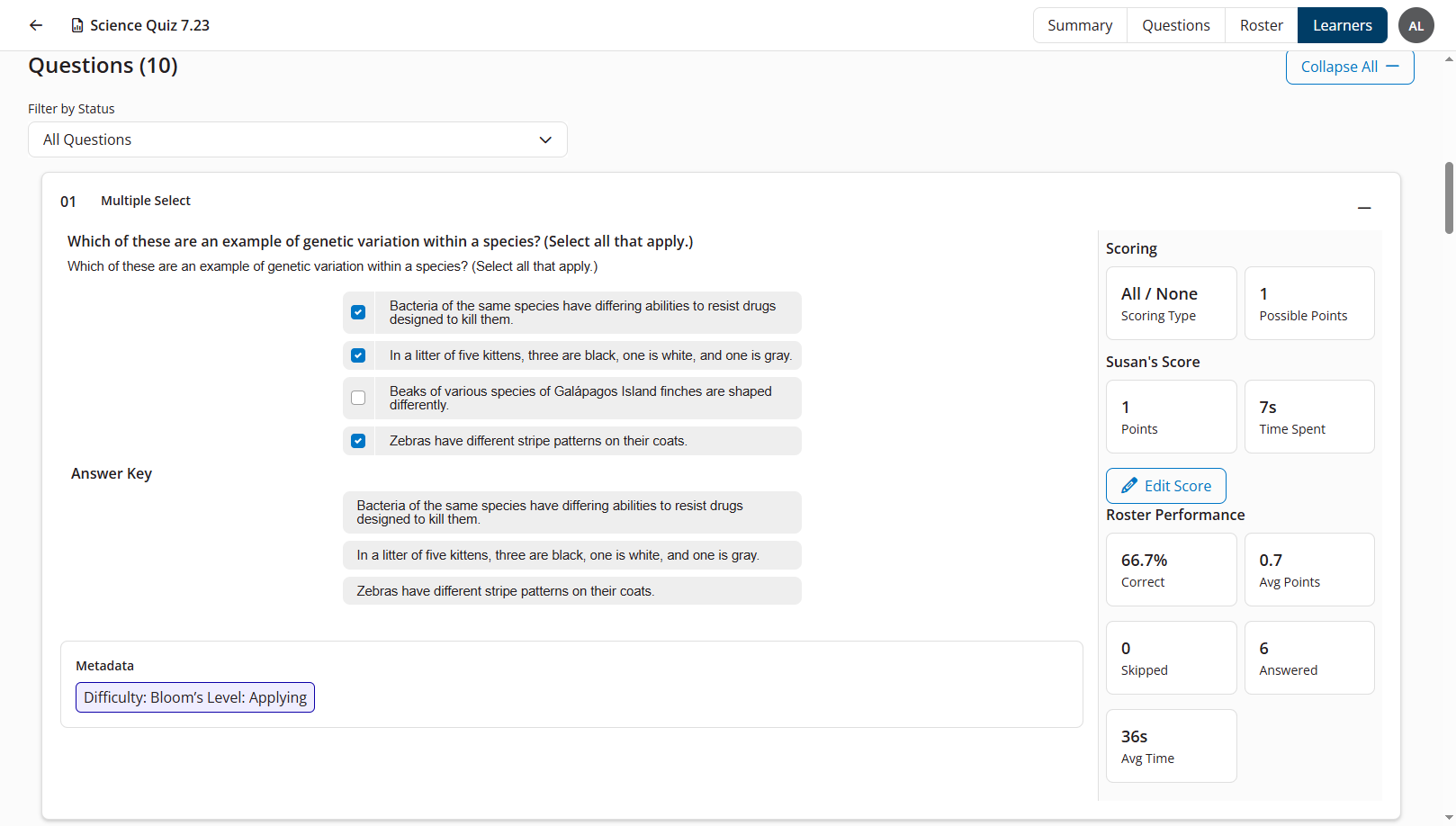 Questions on the Learners tab of the Instructor Exam Summary report showing expanded questions