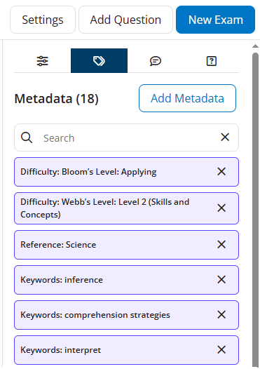 EchoExam Test Editor showing the metadata tab identified