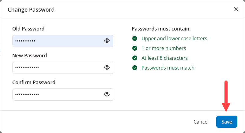 Change Password modal identified as described