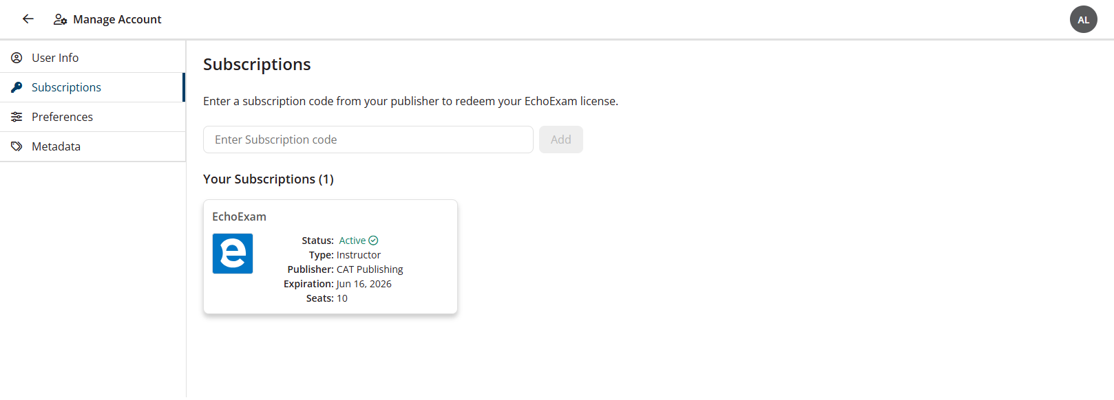Subscription tab of Manage Account with redeemed publisher subscription as described