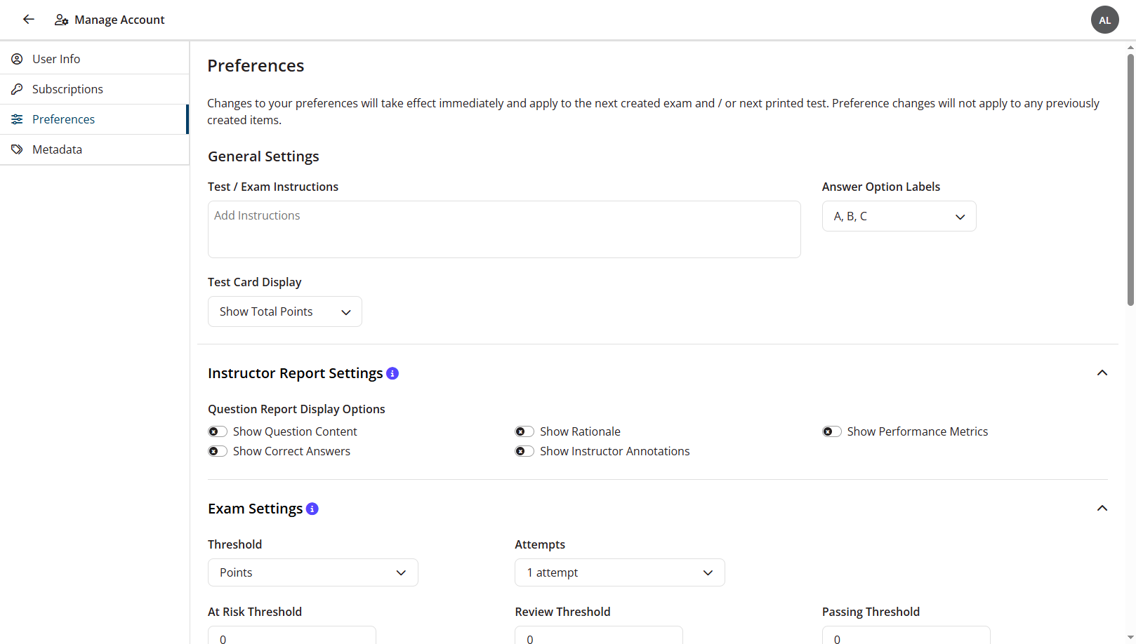 Preferences tab of Manage Account identified as described