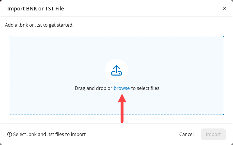 Select Question Bank and Test Import modal as described
