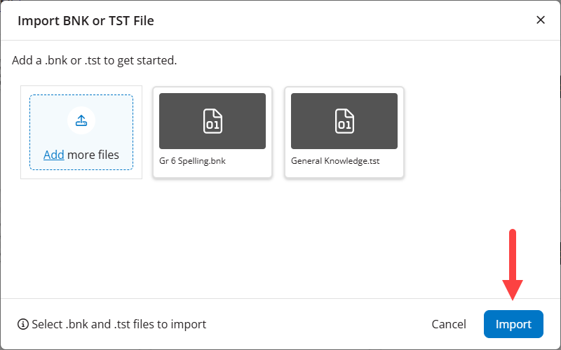 The Question Bank and Test import modal with a question bank and test file selected and the Import button identified