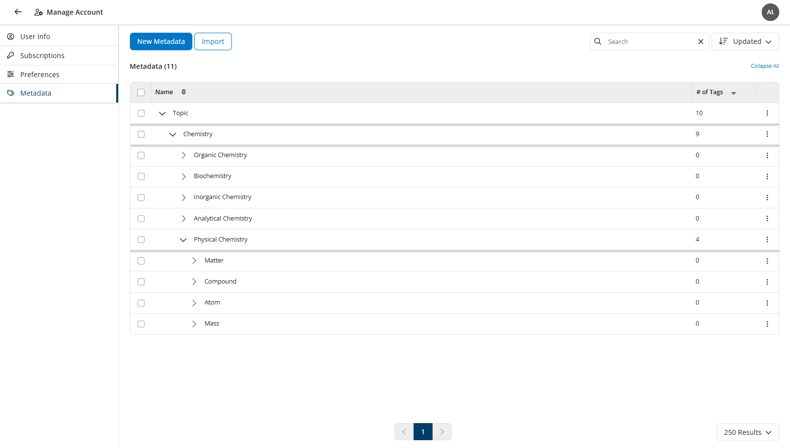 Metadata tab of Account Settings showing multiple categories and tags