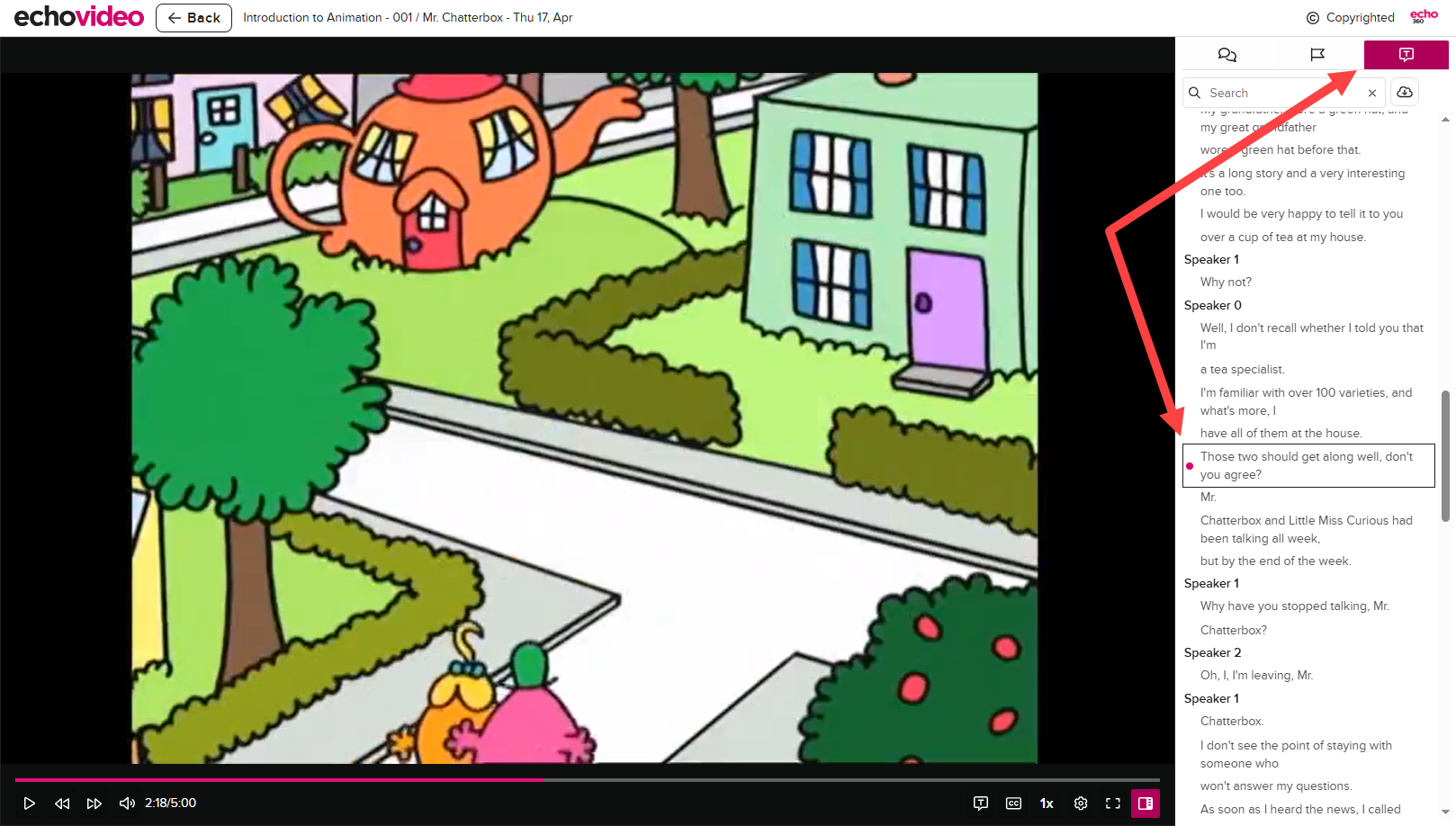 Classroom showing transcription button with transcript open as described