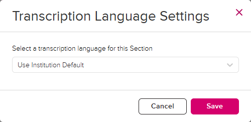 ASR Course Media Transcription Settings dropdown as described