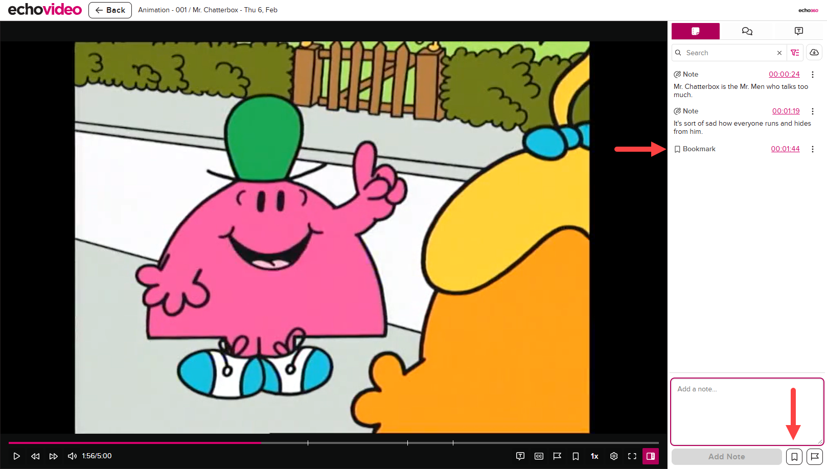 Classroom player with a Bookmark in the Notes panel and the Bookmark icon identified as described