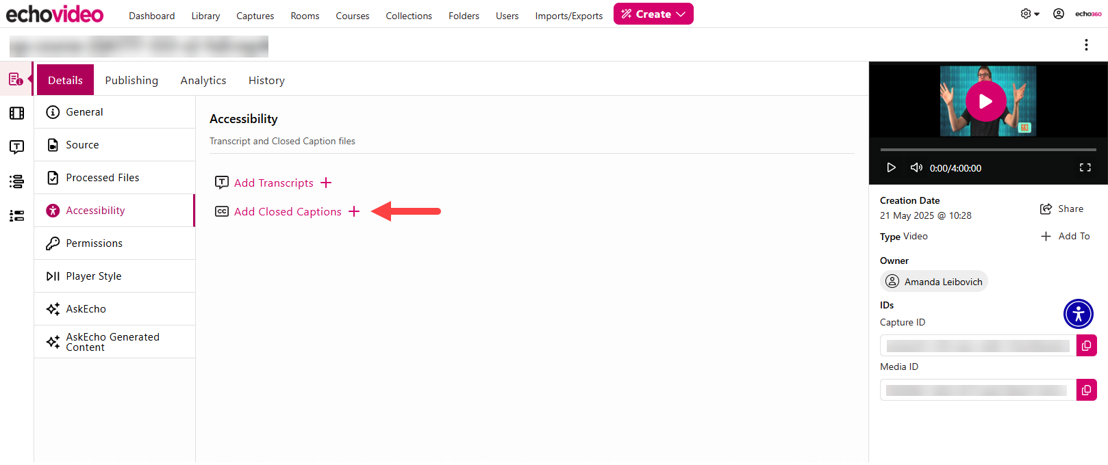 Media details page with Add Closed Captions + identified as described