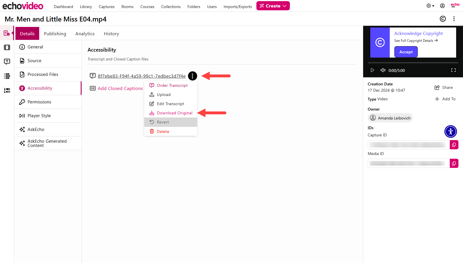 Media details page with transcript vertical action menu open showing options for steps as described