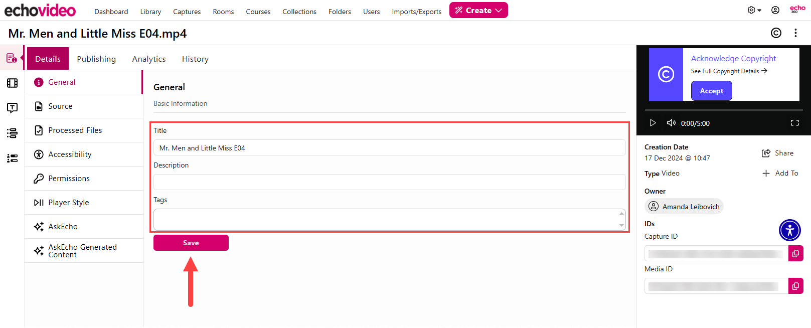 Media details page with edit details command option identified for steps as described