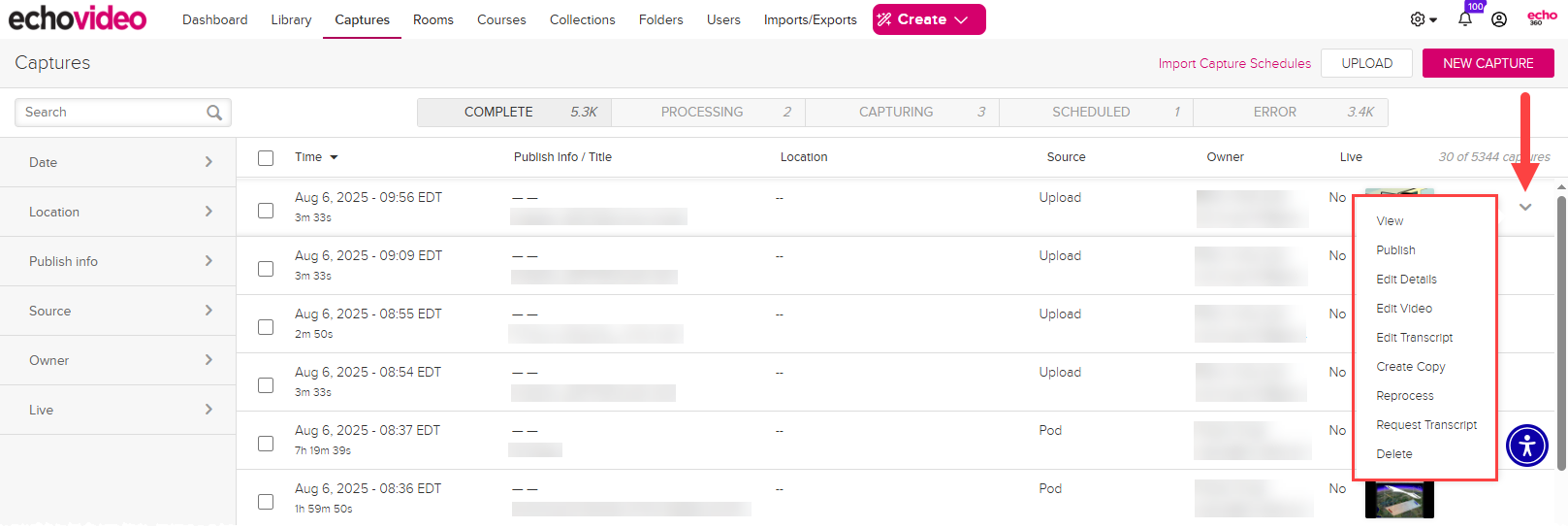 completed captures list identifying chevron menu and associated commands as described