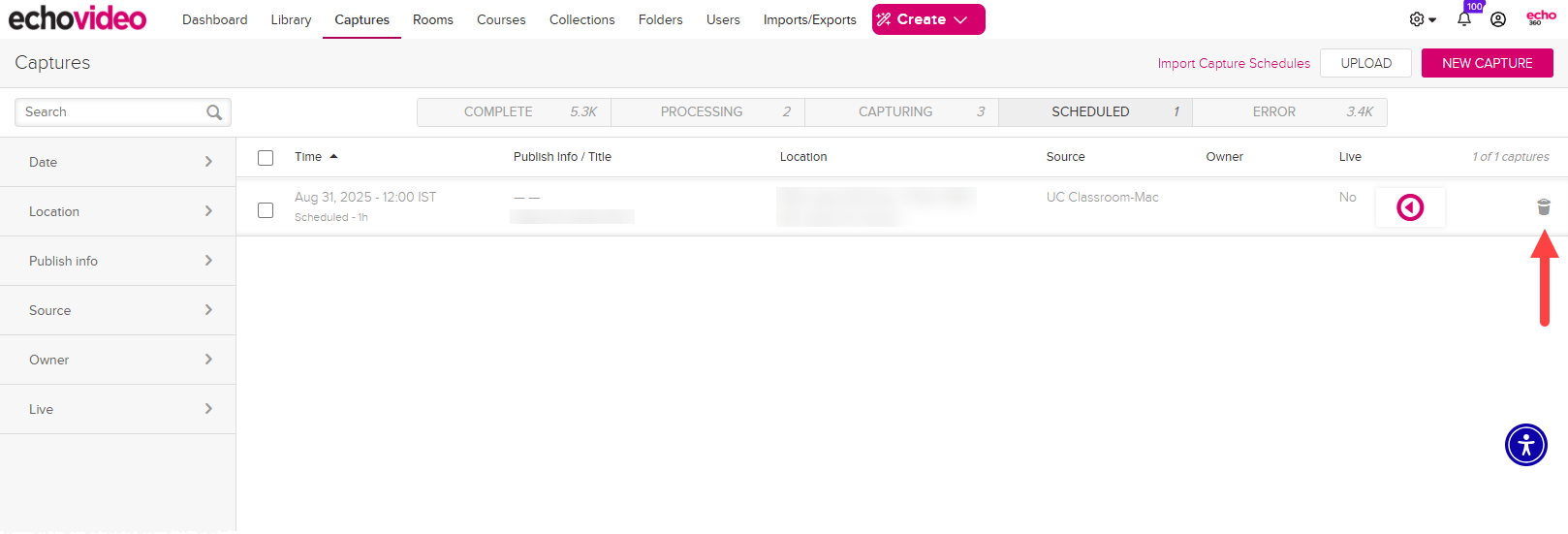 scheduled captures list showing delete capture icon for deleting the capture as described
