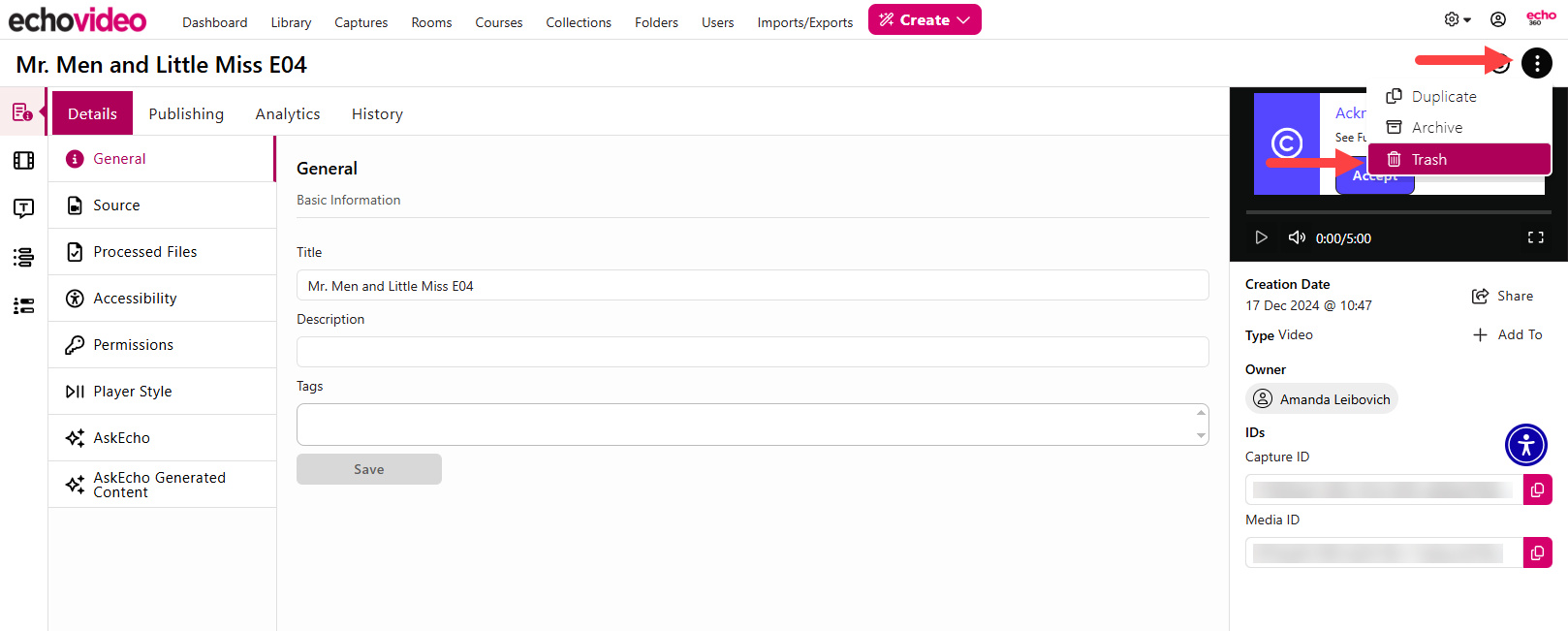 Media details page with delete command option identified for steps as described