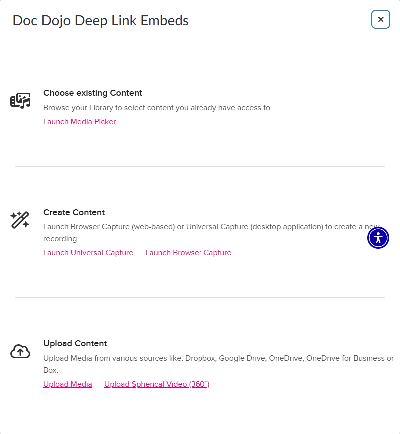 Embed media dialog box with initial content type selection screen