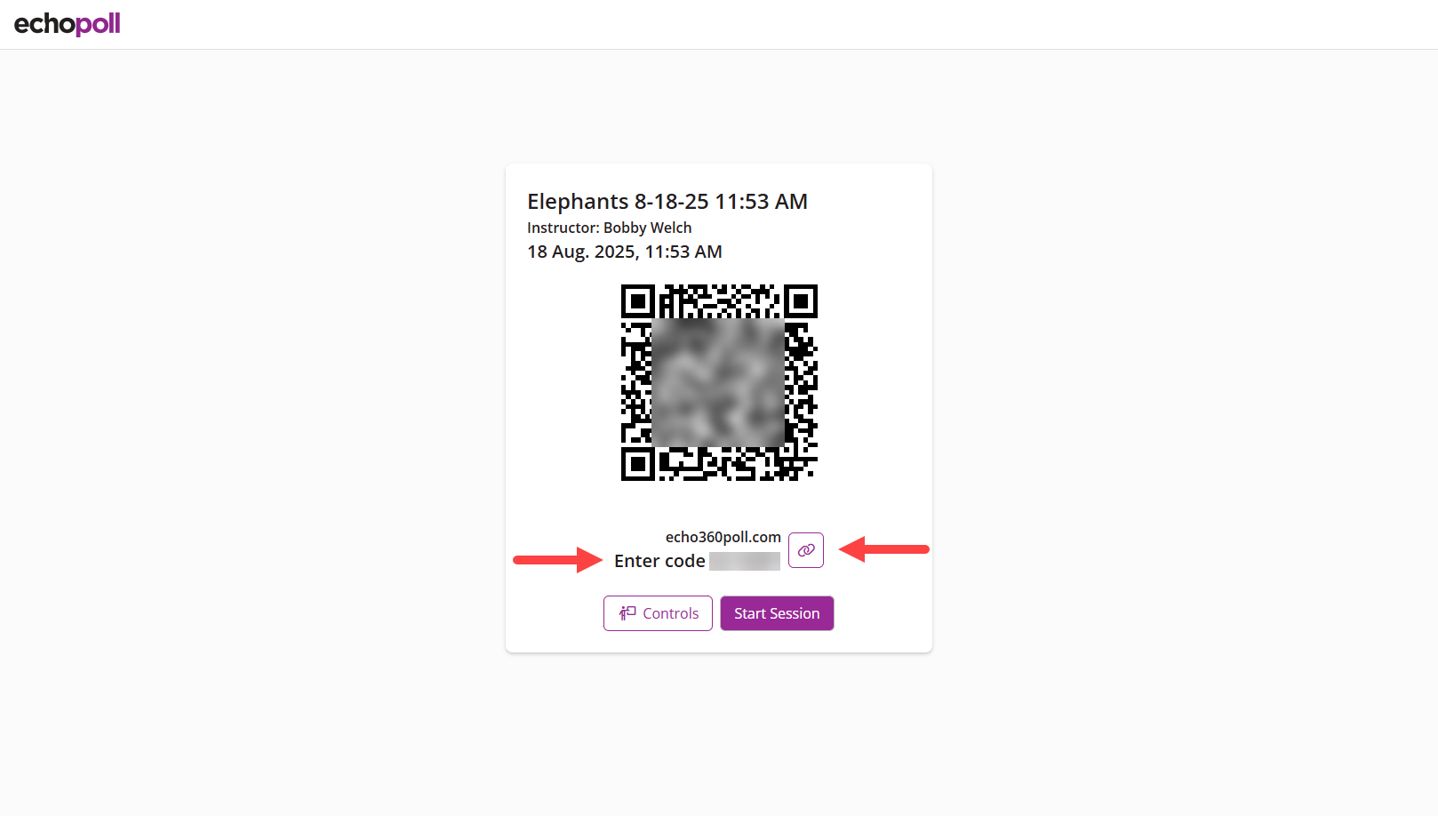 Session information screen with Start Session, Join Code, and Join Link identified as described