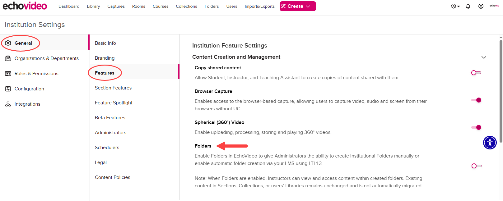 Institution Settings open to General and Features with the Folders toggle identified as described