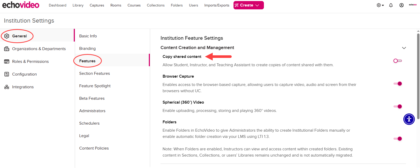 Institution Settings open to General and Features with the Copy shared content toggle identified as described