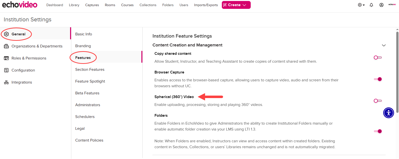 Institution Settings open to General and Features with the Spherical (360˚) Video toggle identified as described