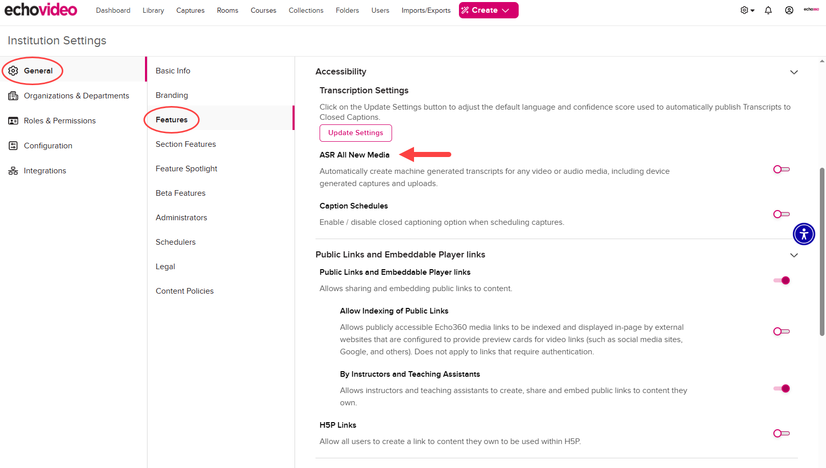 Features tab of the General page of Institution Settings with the Accessibility section shown and ASR All Media option identified for use as described