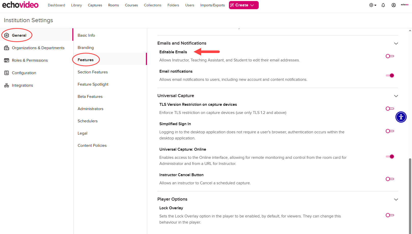 Editable Emails option toggles in the list of Institution Feature settings with selections as described