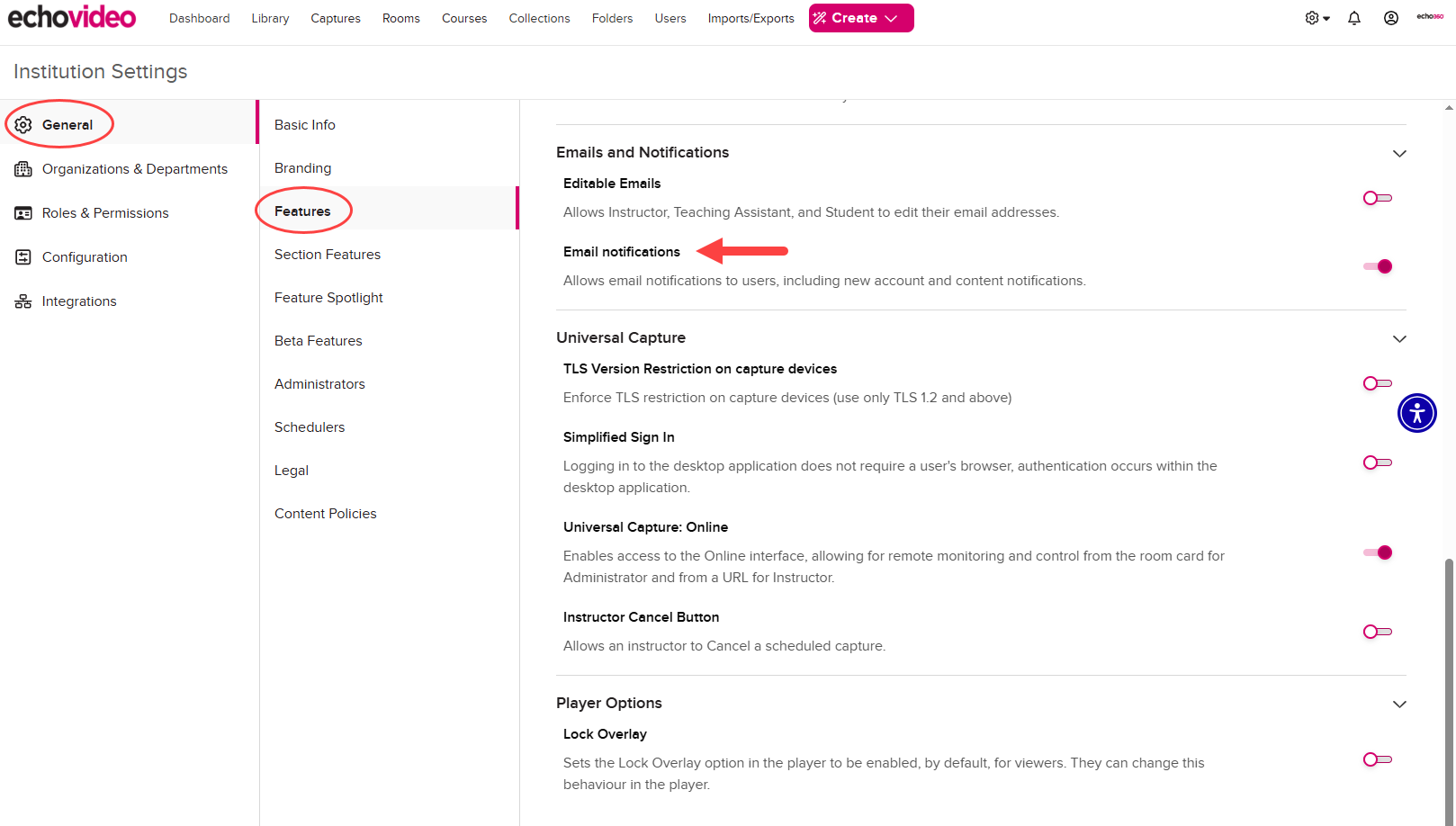 Email notifications option toggles in the list of Institution Feature settings with selections as described