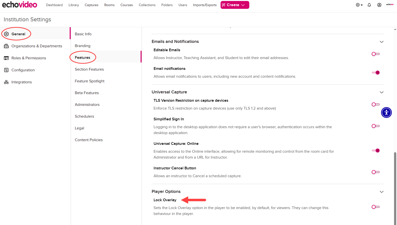 Institution Settings open to General and Features with the Lock Overlays toggle identified as described