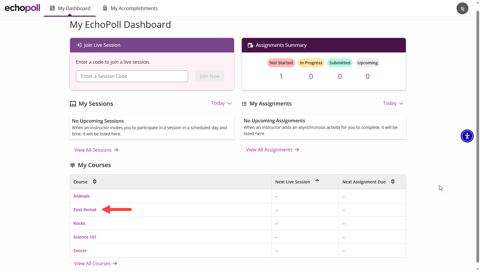 Learner Dashboard with a course identified