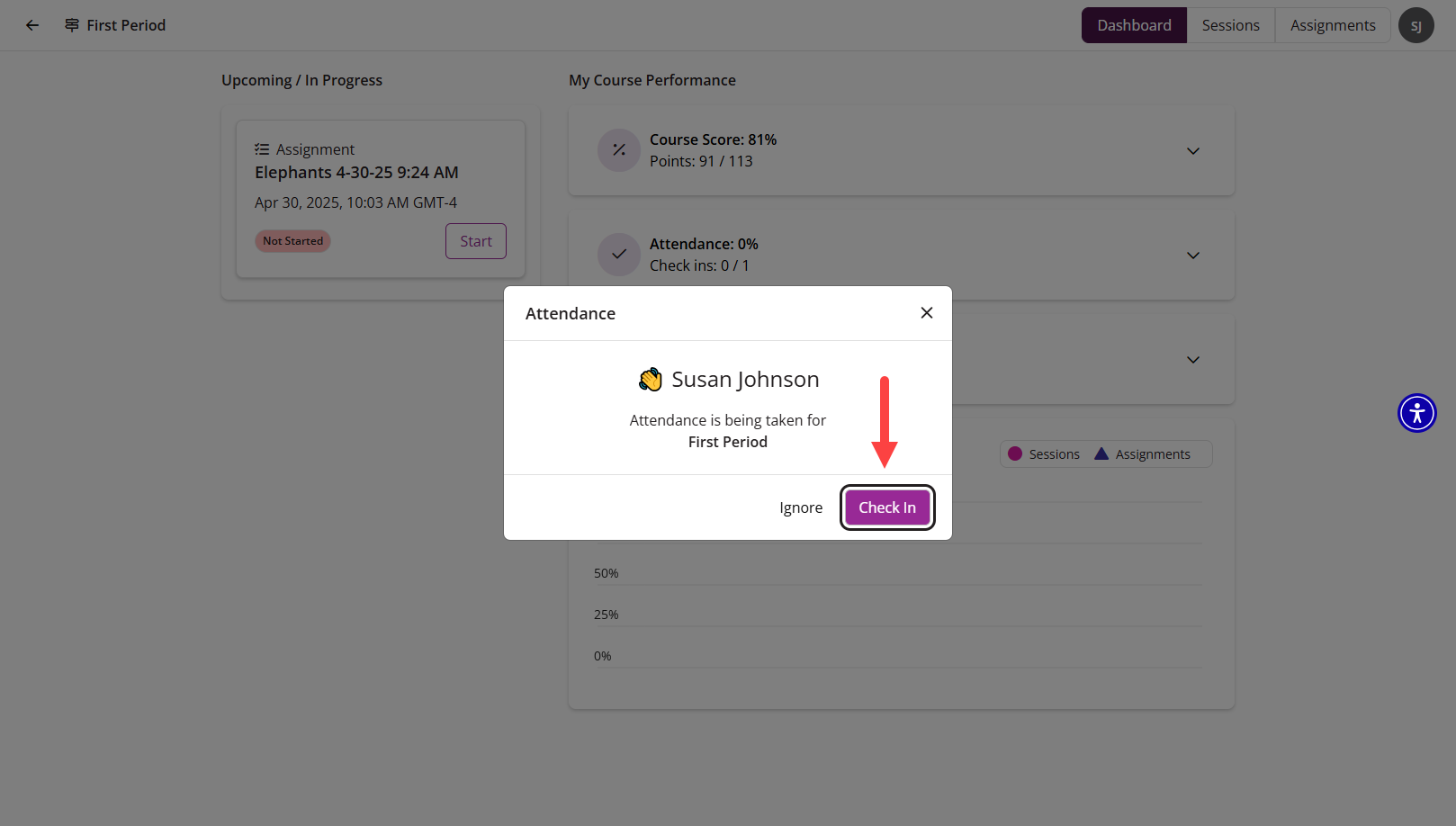 Learner Attendance modal with Check In button identified