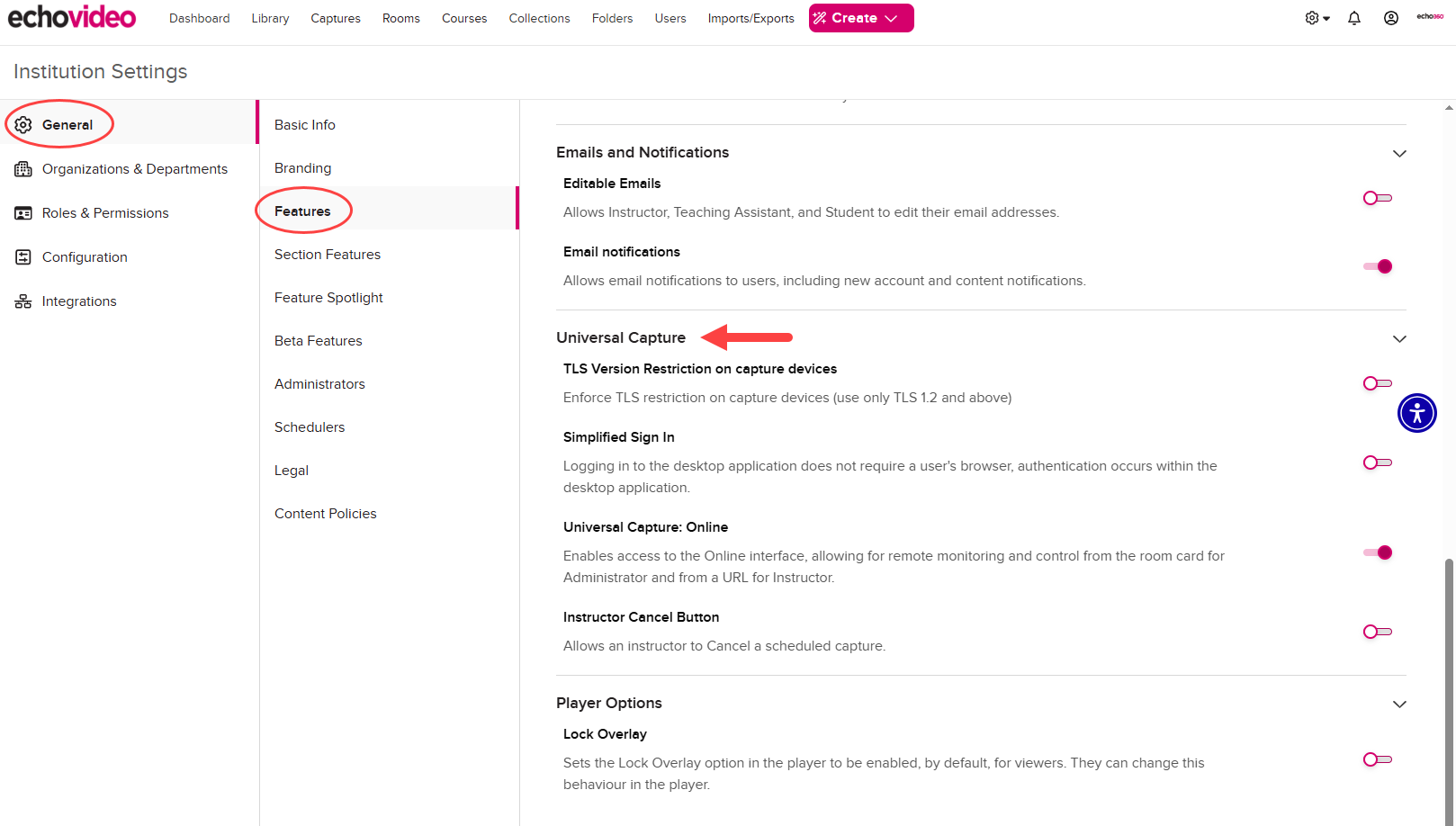Universal Capture option toggles in the list of Institution Feature settings with selections as described