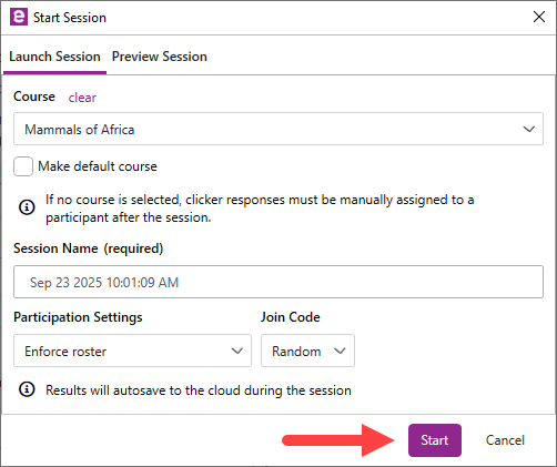 Session Settings window with options as described