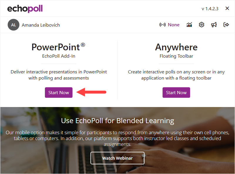 The EchoPoll Plus window with the Start Now button under PowerPoint polling identified as described