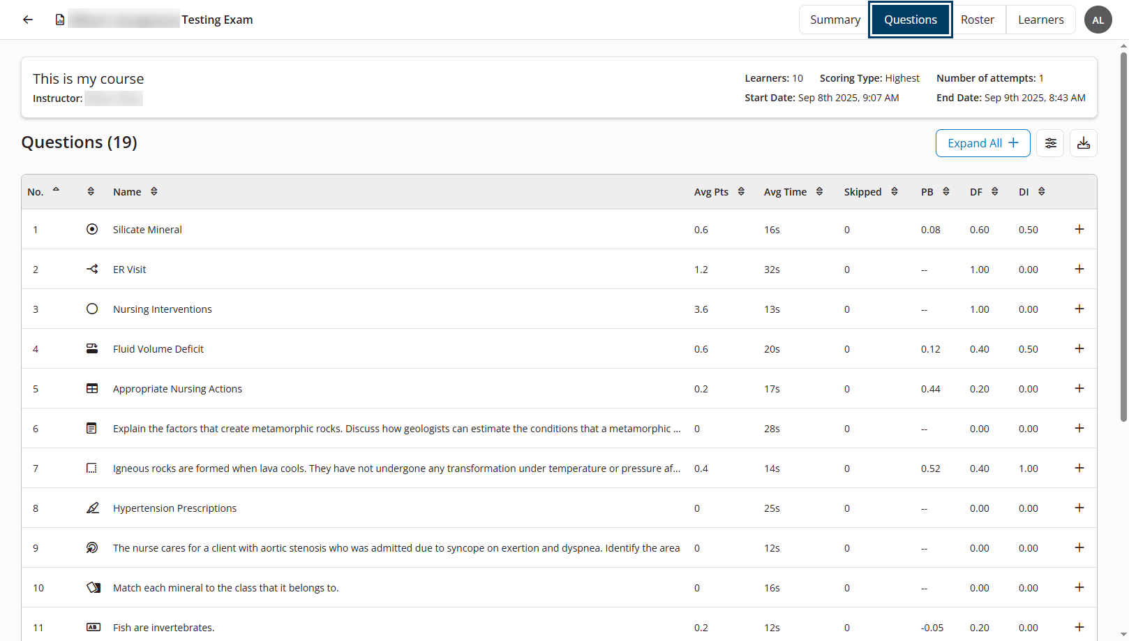 The Questions tab of the Instructor Exam Summary report showing collasped questions
