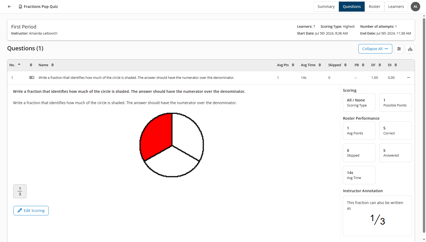 The Questions tab of the Instructor Exam Summary report showing an expanded question and the Instructor Annotation