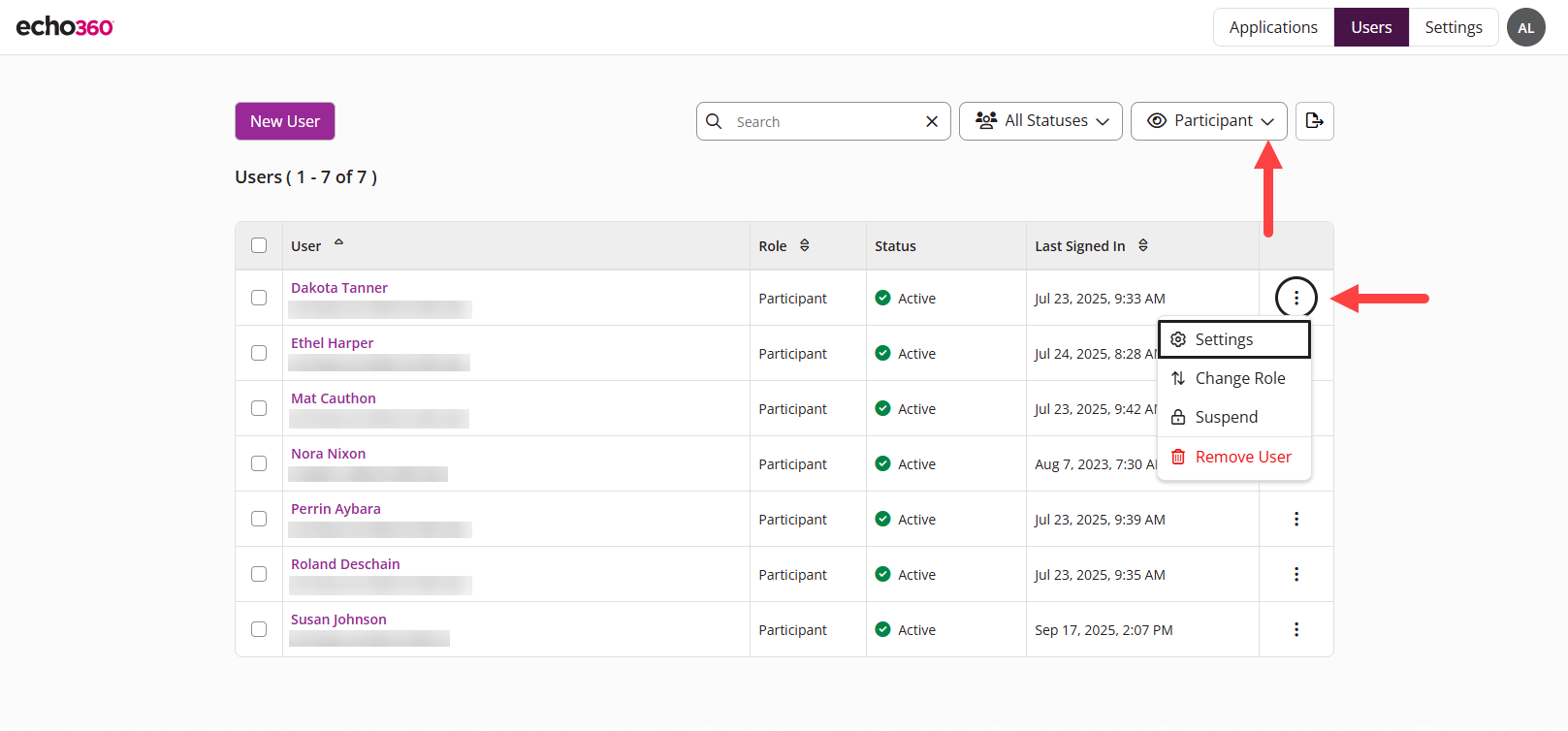 Manage Users filtered by participant with the vertical action menu to the right of the user selected and Settings identified as described