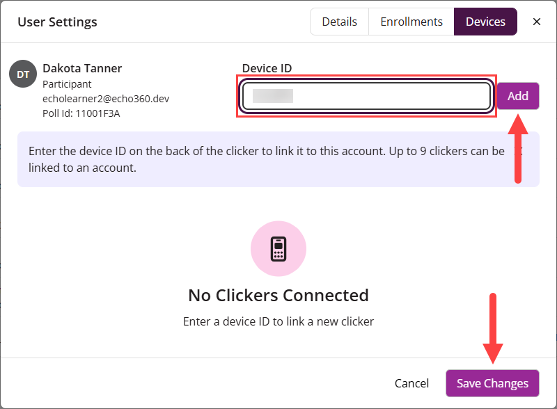 User Settings with Devices tab, Device ID box and Add button and Save Changes button identified as described