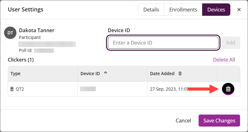 User menu with Devices tab, Delete button and Save Changes button identified as described