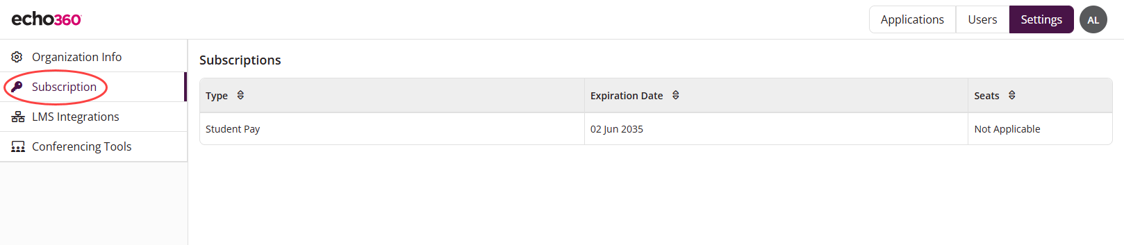 The Settings menu open to Subscriptions showing the license type