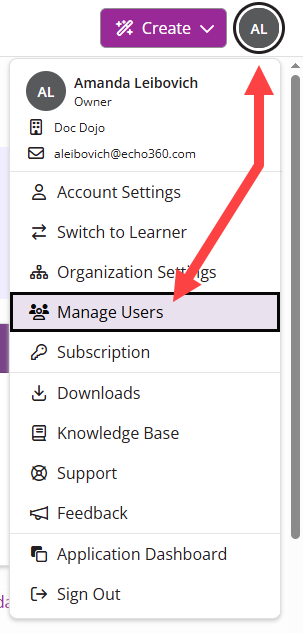 Admin user menu with Manage Users identified as described