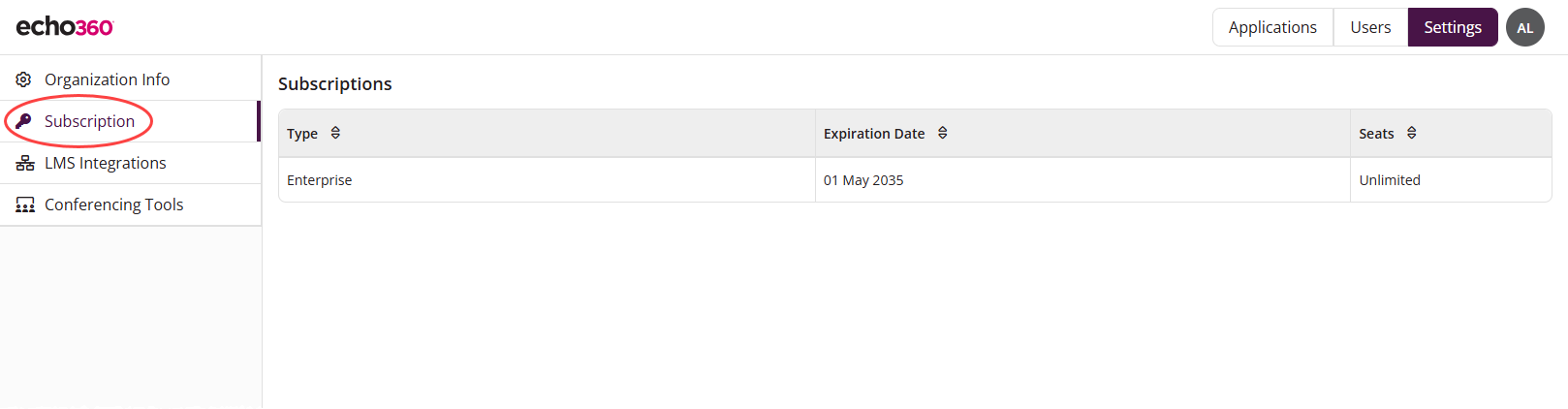 The Settings menu open to Subscriptions showing the license type