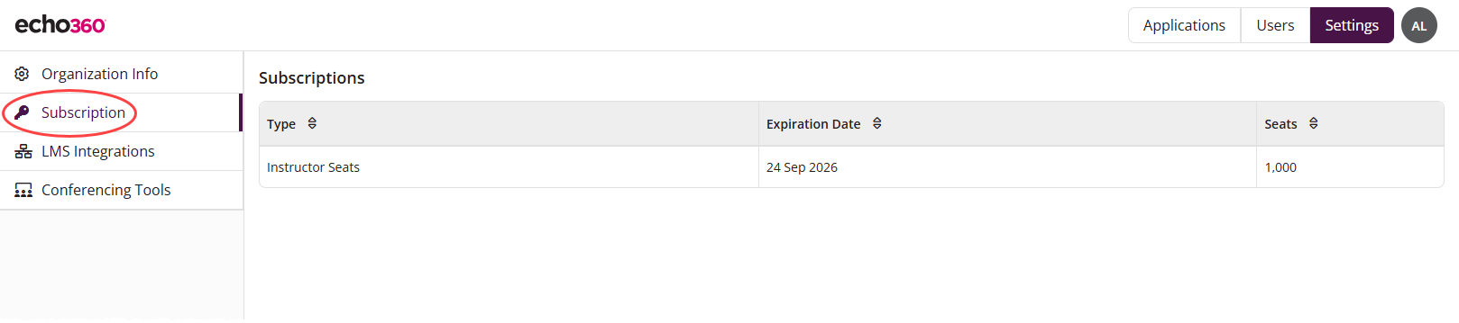 The Settings menu open to Subscriptions showing the license type