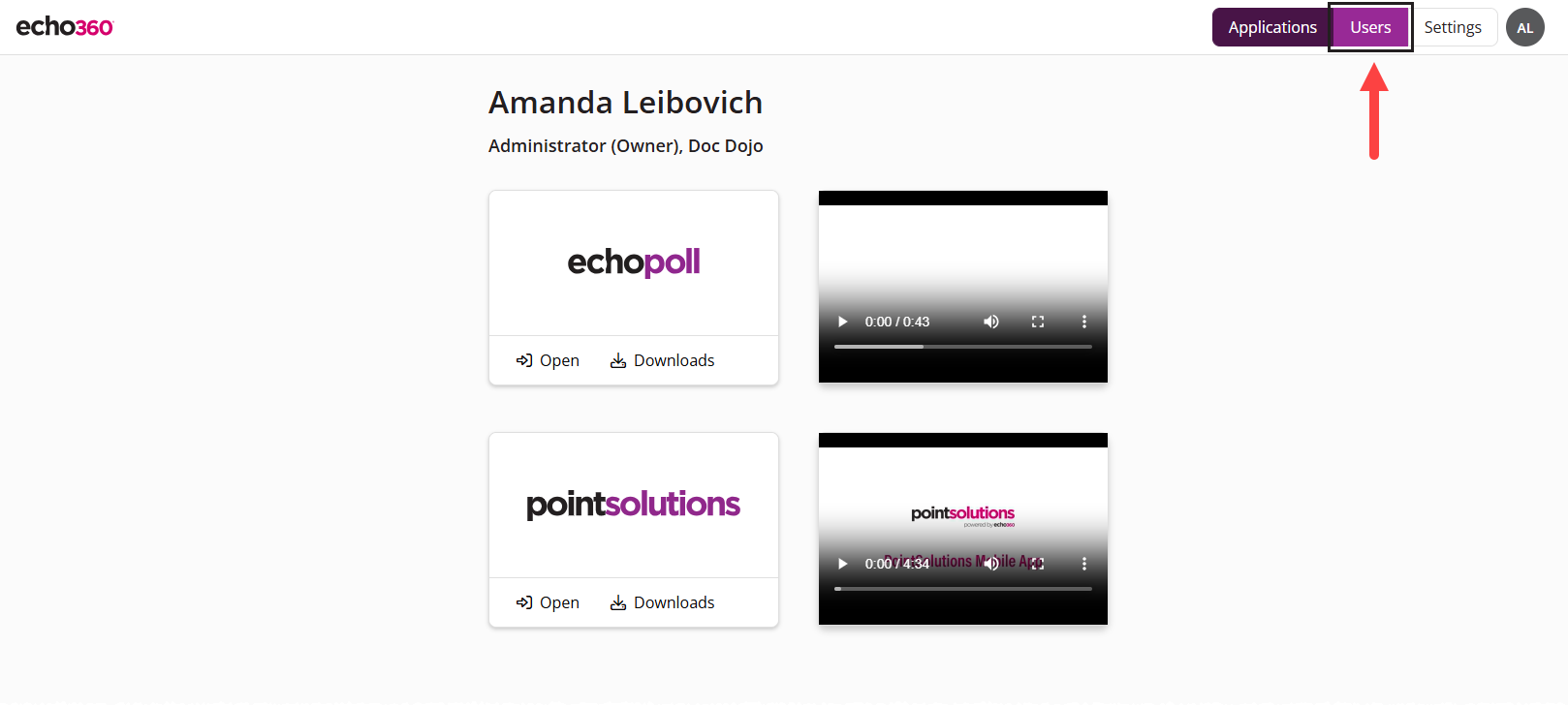 The EchoPoll administrator menu with Users identified as described